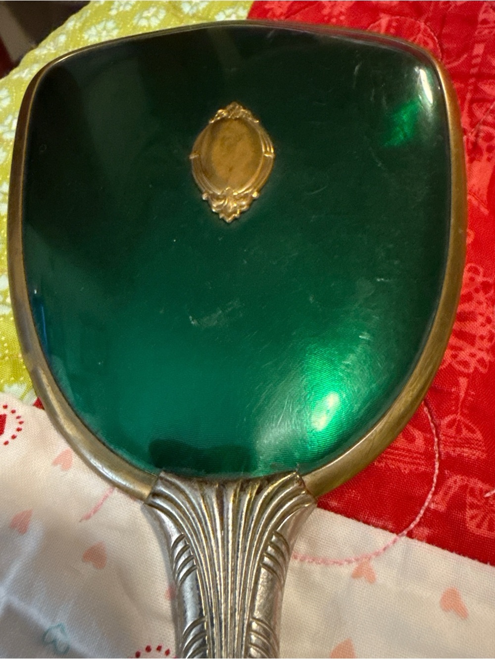 Vintage Art Deco Emerald Green Guilloché Enamel Hand Mirror 1920s Unmarked - Picture 10 of 10